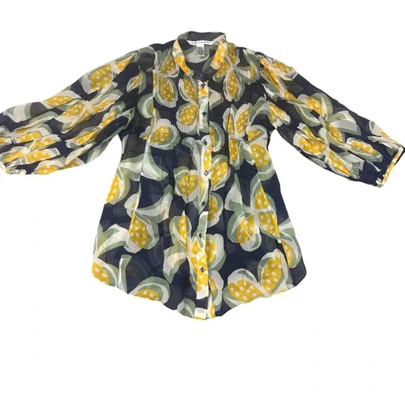 Diane von Furstenberg Ortega Blouse Womens 6 Navy Yellow Silk Floral Excellent - Picture 1 of 9